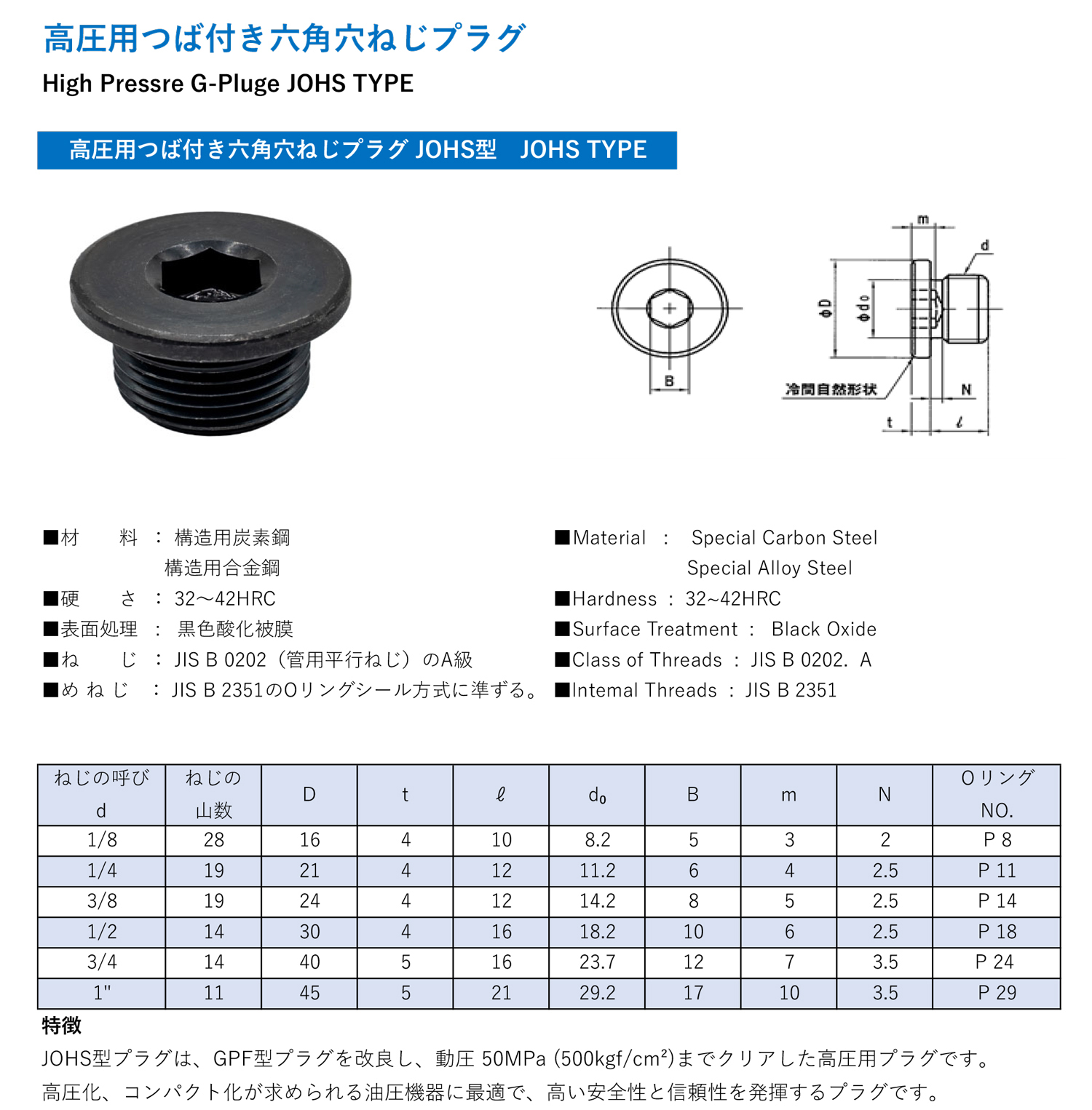 高圧用つば付き六角穴ねじプラグJOHS型