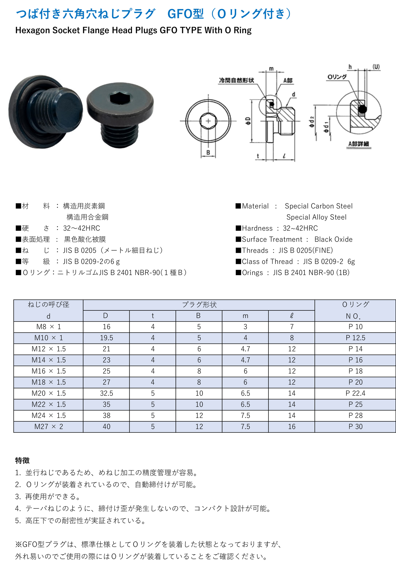 つば付き六角穴ねじプラグ　GFO型（Ｏリング付き）